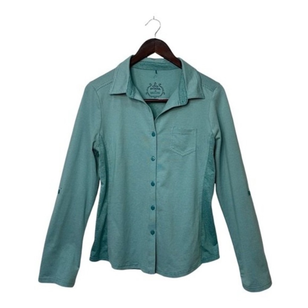 PrAna Blue Stretch Roll Tab Long Sleeve Striped Button Up Two Tone Geometric Top